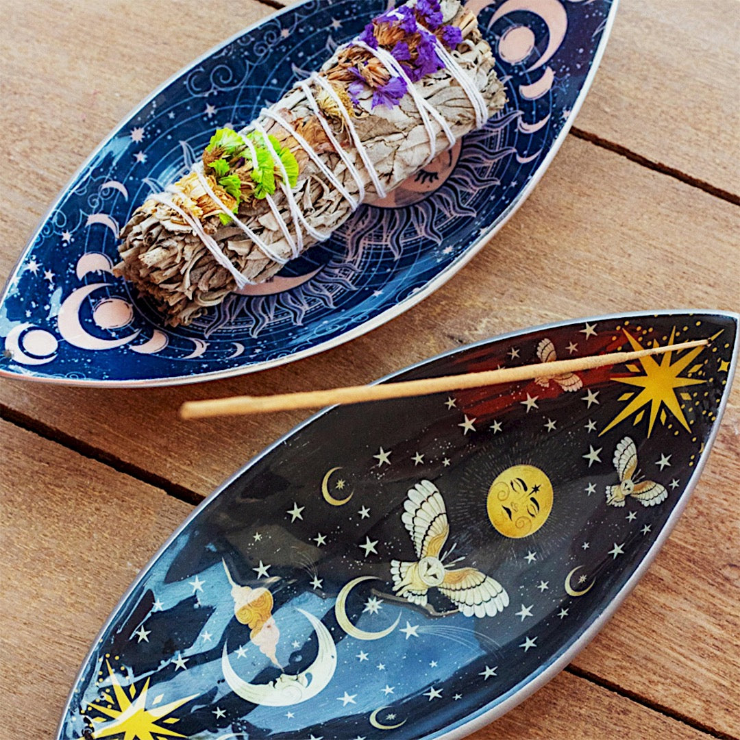 Ciotola per incenso smaltata / legno di mango / mandala