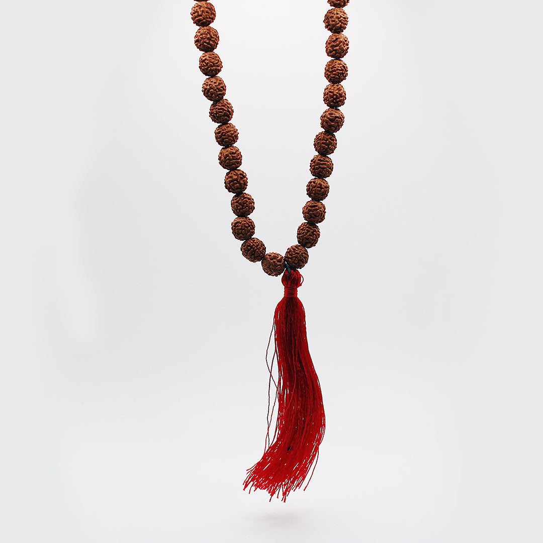 Collana mala rudra rudraksha con fiocco rosso / 108 grani / semi Ø 10 mm