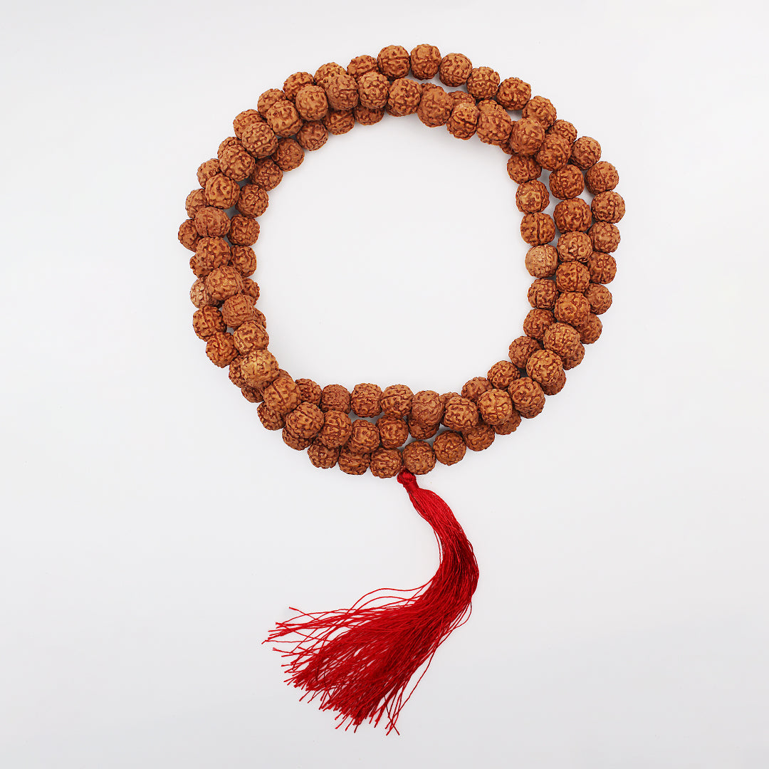 Collana mala rudra rudraksha con fiocco rosso / 108 grani / semi Ø 10 mm