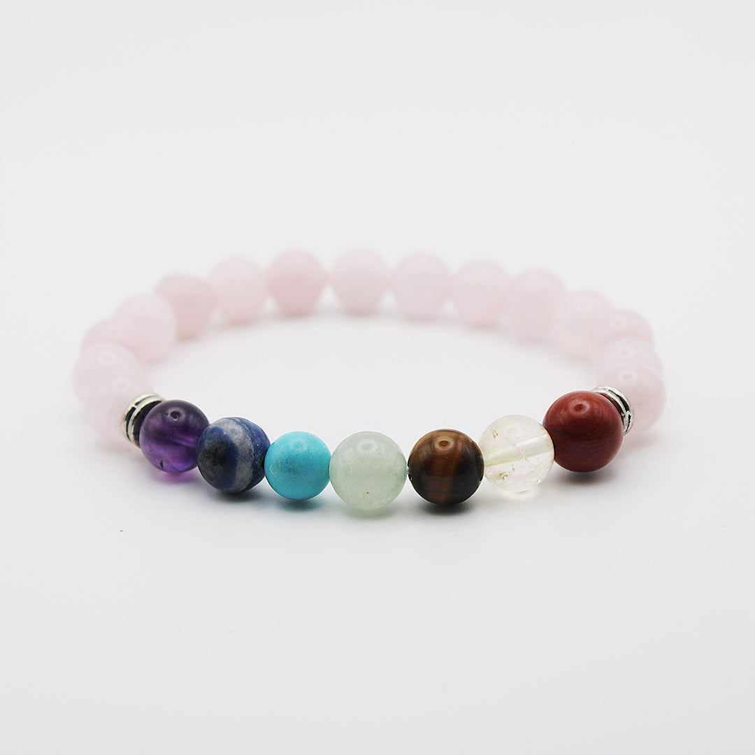 Bracciale in quarzo rosa e pietre dei sette chakra / pietre Ø 8 mm