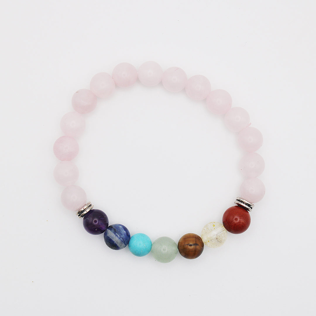 Bracciale in quarzo rosa e pietre dei sette chakra / pietre Ø 8 mm