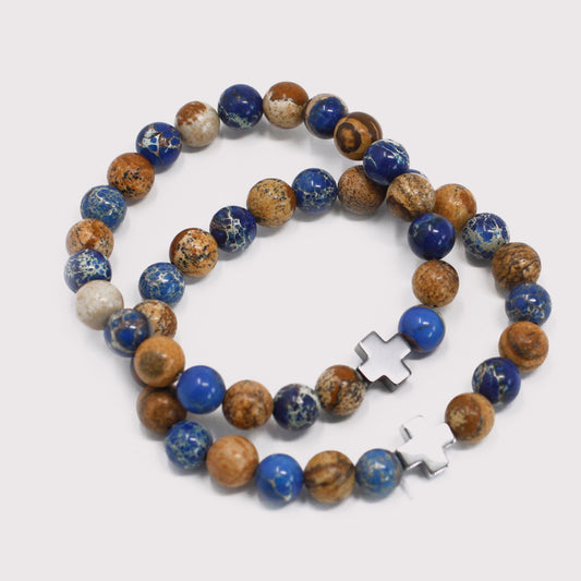 Bracciale dell’amicizia / supporto / diaspro paesaggio e sodalite / pietre Ø 8 mm