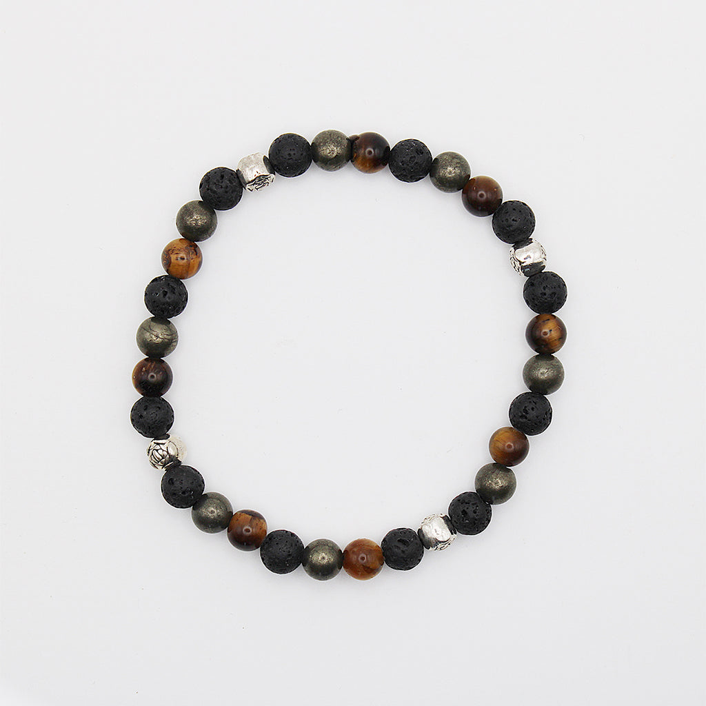 Bracciale in occhio di tigre, pirite e pietra lavica / pietre Ø 6 mm
