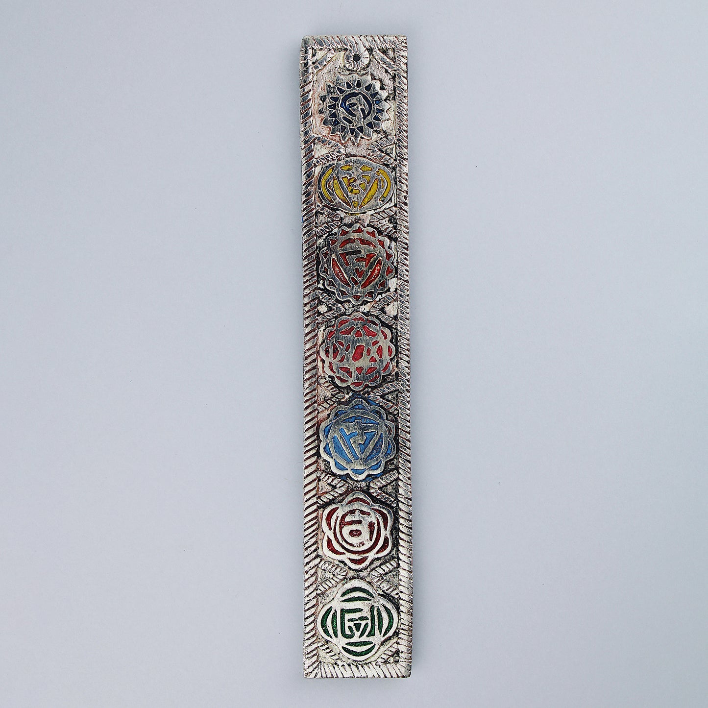 Metal incense holder for incense sticks / seven chakra decorative pattern